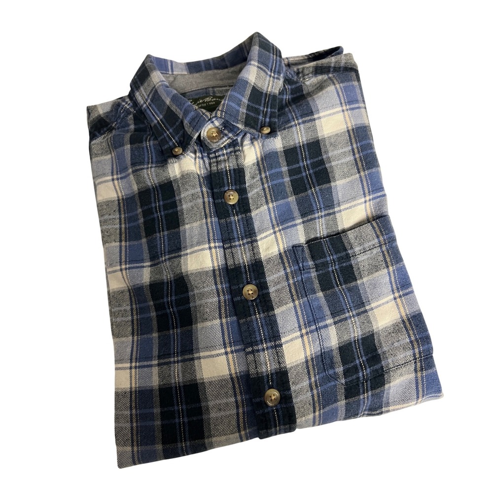 Eddie Bauer Plaid Button Down Mens Lrg Blue Long Sleeve Cotton Flannel Shirt D07